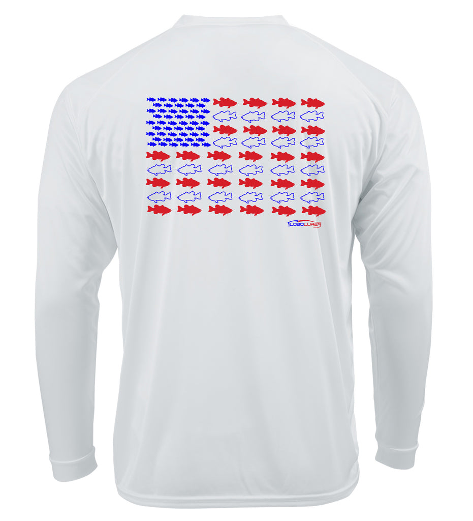 Lobo Lures American Flag BASS Edition Long Sleeve Performance UPF 50+ T-Shirt, Performance Fishig T-Shirt, bass t-shirt, Amazon T-shirt, HUK T-Shirt, Simms T-Shirt