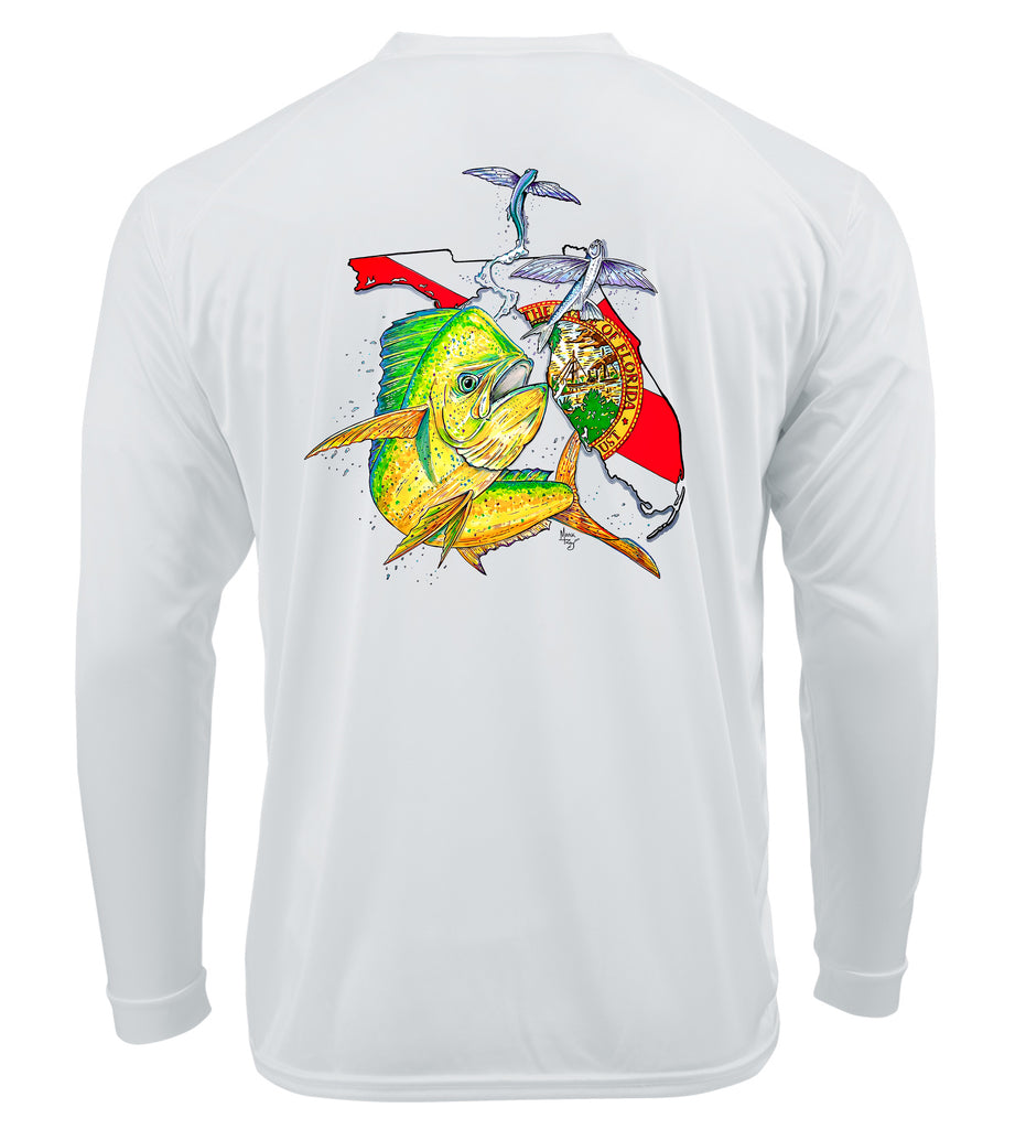 Lobo Lures Florida Mahi Fishing Long Sleeve Performance UPF50+ Dri-fit T-Shirt, Mahi Florida T-Shirt, Mahi T-Shirt, Mahi Performance T-Shirt, Florida Grown, FloGrown, Performance Fishing T-Shirt, mark Ray TShirt, Mens and Womens Fishing t-Shirt, Fishing apparel, Fishing Gift