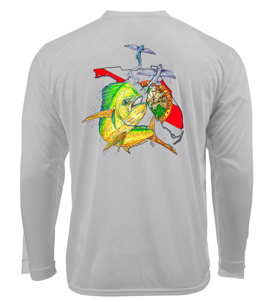 Lobo Lures Florida Mahi Fishing Long Sleeve Performance UPF50+ Dri-fit T-Shirt, Mahi Florida T-Shirt, Mahi T-Shirt, Mahi Performance T-Shirt, Florida Grown, FloGrown, Performance Fishing T-Shirt, mark Ray TShirt, Mens and Womens Fishing t-Shirt, Fishing apparel, Fishing Gift, Grey Fishing Shirt, Mark Ray Art, Mark Ray Fishing T-Shirt, Guy Harvey Fishing T-Shirt