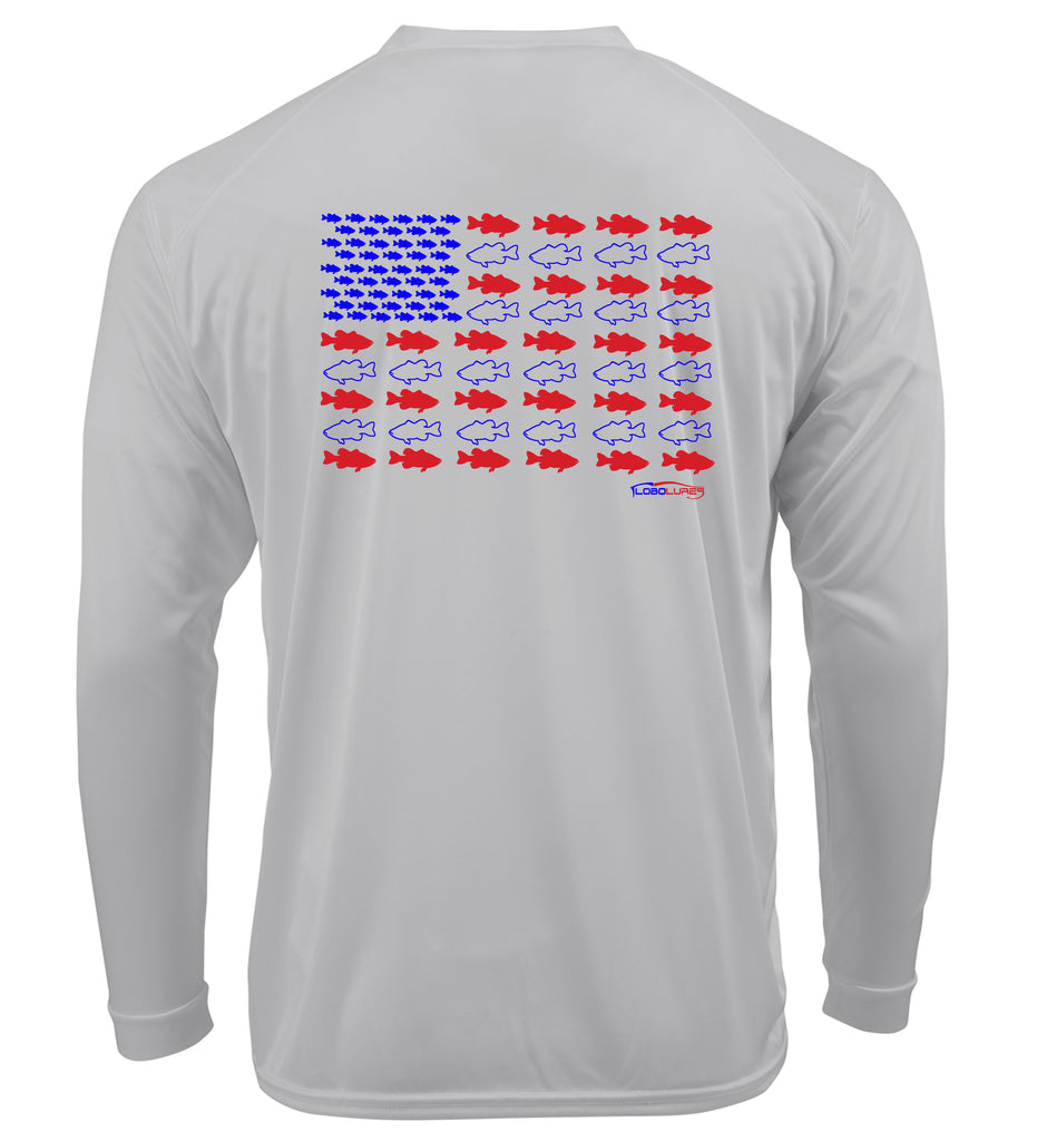 Lobo Lures American Flag BASS Edition Long Sleeve Performance UPF 50+ T-Shirt, Performance Fishig T-Shirt, bass t-shirt, Amazon T-shirt, HUK T-Shirt, Simms T-Shirt, Patriotic Fishing T-Shirt, Patriotic Shirt
