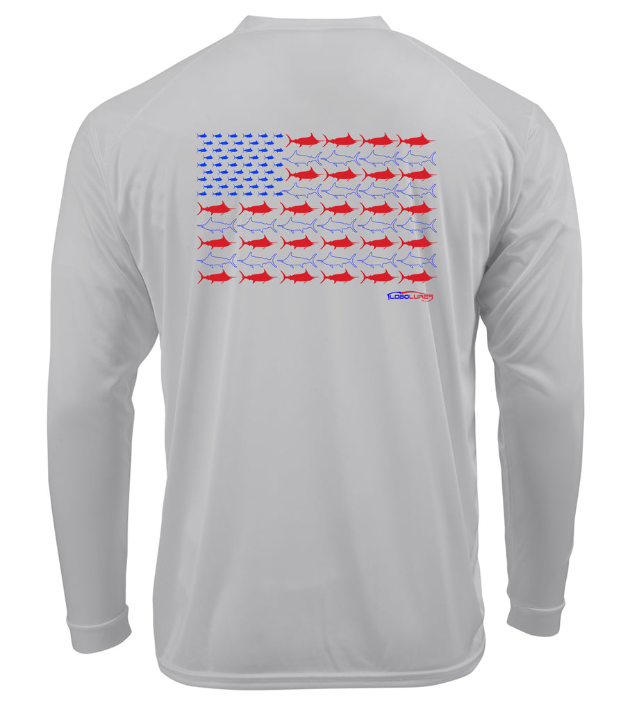 Lobo Lures Americano Patriotic Marlin Long Sleeve Performance UPF 50+ T-Shirt Lobo Lures Americano Patriotic Marlin Long Sleeve Performance UPF 50+ T-Shirt