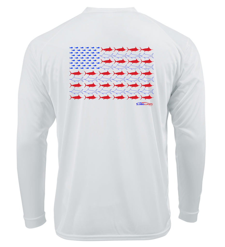 Lobo Lures Americano Patriotic Marlin Long Sleeve Performance UPF 50+ T-Shirt, Marling Fishing T-Shirt, Performance Fishing T-Shirt, HUK t-Shirt, Southern Fin T-Shirt, Fishing gift idea, Marlin Tee, Performance Fishing Apparel, Amazon Fishing T-Shirt