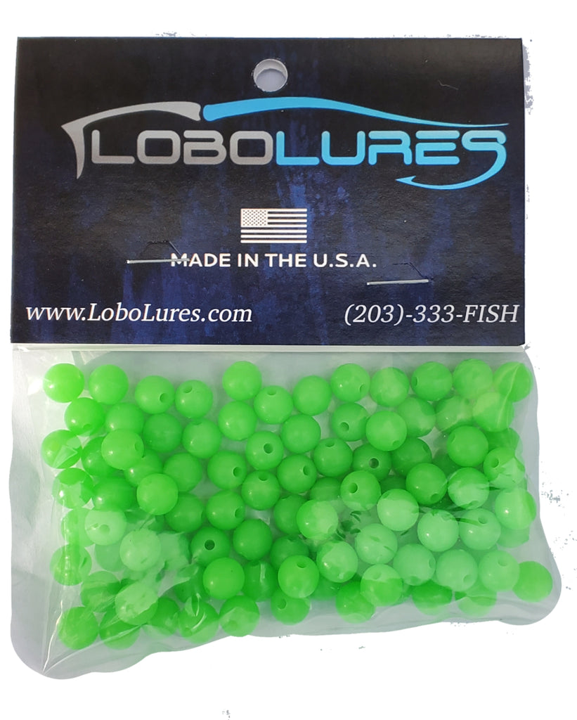 Lobo Lures 8mm Glow Chartreuse Beads up to 400lb Leader, Amazon Glow Beads, Glow Craft Beads, Fishing beads, Fishing Rigging Beads 
