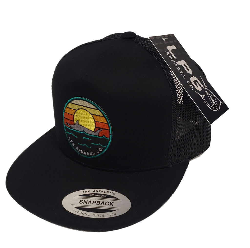 LPG Apparel Co. Retro Marlin Sunset Snapback Flat Brim Trucker Hat Fishing Hat, Lobo Lures Hat, Marlin Hat, Fishing Flat Brim Hat Lobo Lures Hat, Rasta Hat