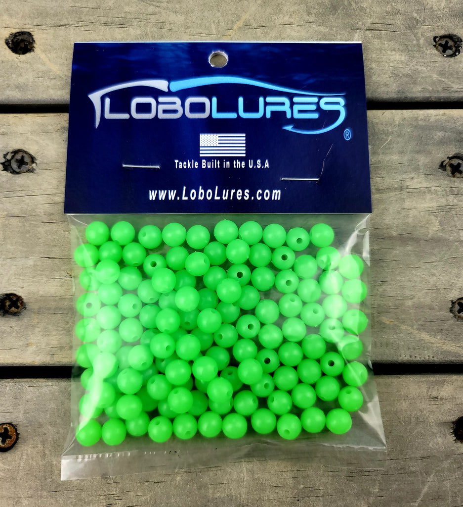Lobo Lures 8mm Glow Chartreuse Beads up to 400lb Leader, Amazon Glow Beads, Glow Craft Beads, Fishing beads, Fishing Rigging Beads 