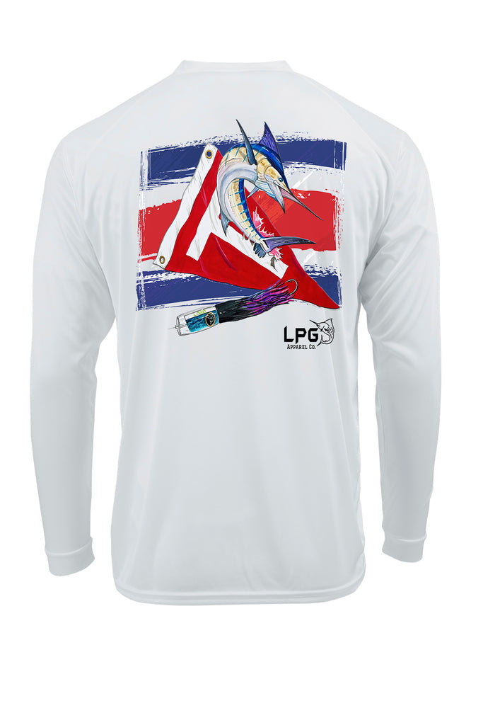 LPG Apparel Co® Tag & Release Costa Rica Fishing Flag Edition Long Sleeve Performance UPF 50+ T-Shirt, American T-Shirt, Fishing Tee, Fishing T-Shirt, Quepos Fishing T-Shirt, Huk T-Shirt