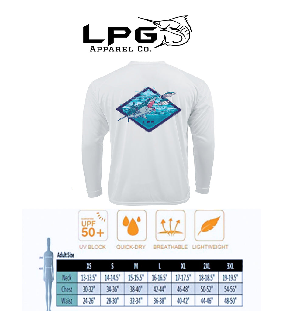LPG Apparel Co. Northeast Mako Long Sleeve Performance UPF 50+ T-Shirt, Shark Fishing t-shiort, Mako T-Shirt, Northeast Fishing, Fishing apparel, Shark Fishing Apparel, shark T-shirt