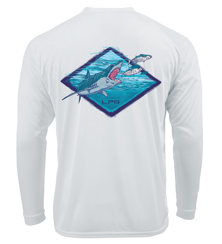 LPG Apparel Co. Northeast Mako Long Sleeve Performance UPF 50+ T-Shirt, Shark Fishing t-shiort, Mako T-Shirt, Northeast Fishing, Fishing apparel, Shark Fishing Apparel, shark T-shirt