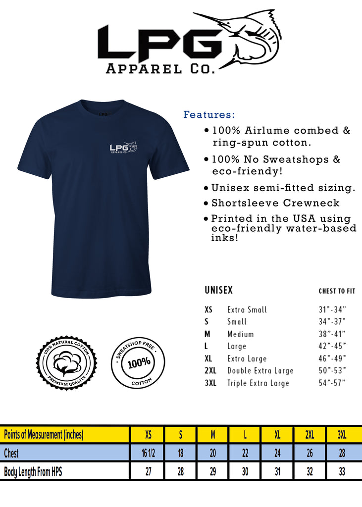 Lobo Lures® Custom Tournament American Made Fishing Tackle T-Shirt, Fishing Tee, Fishing T-Shirt, Lobo Lures Tee Sizing Chart