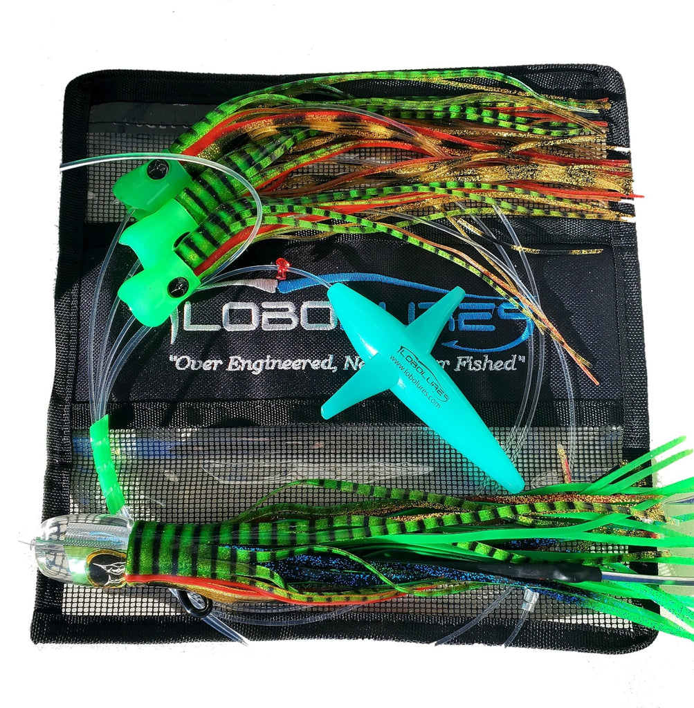 Lobo Lures #200 Skipjack Hybrid Series Splash Big Game Daisy Chain, Big Game Fishing, Big Game Fishing Tackle, Tuna Lures, Marlin Lures, White Marlin lures, TN Tackle, Fathom, BOST Lures, in  Green Mackerel ANd Black Rainbow, Blue Marlin Lure, Sailfish Lure In Green and GOLD