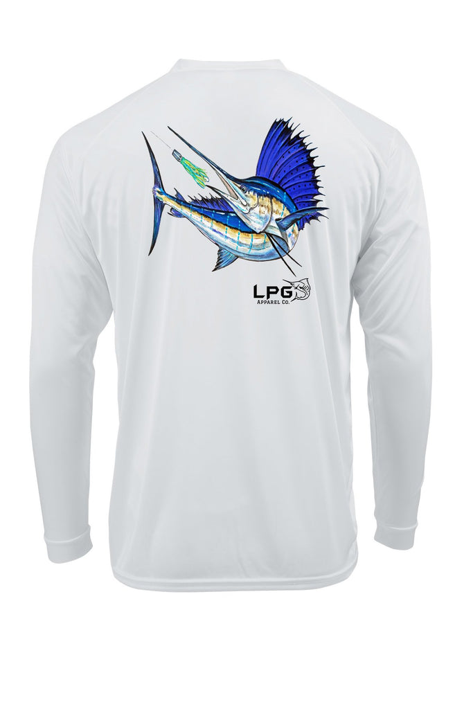 LPG Apparel Co. Mark Ray Sailfish Hunt Long Sleeve Performance UPF 50+ T-Shirt Fishing Tee, Fishing T-shirt, Sailfish T-Shirt, Offshore Fishing T-Shirt